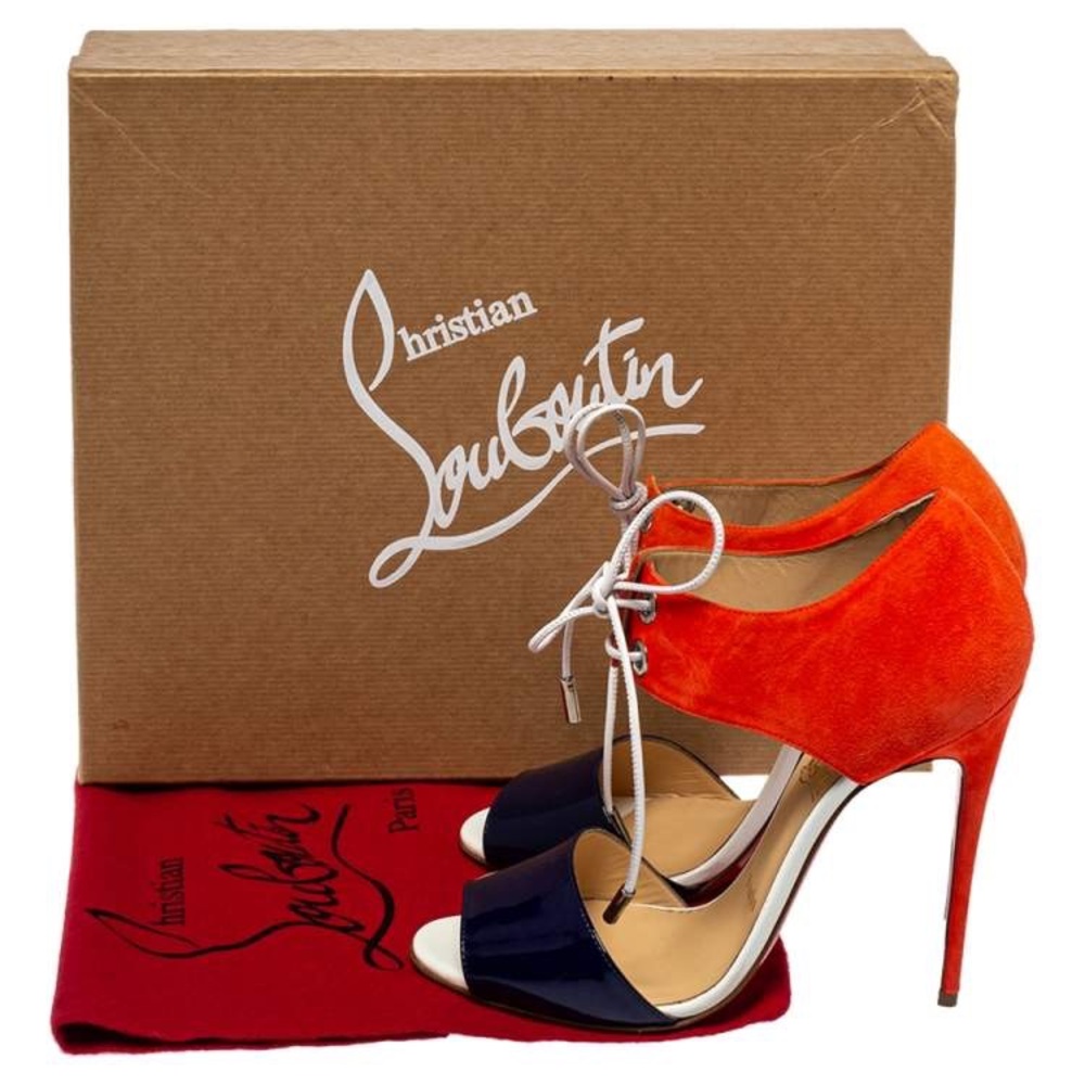 NEW Christian Louboutin Meyerling Lace-Up Sandals 37.5 Orange Suede Navy Patent